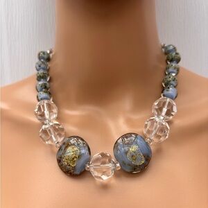 Vintage Blue and Gold Murano Glass Crystal Necklace.